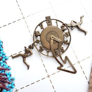 Bronze Clock Pin Brooch Vintage